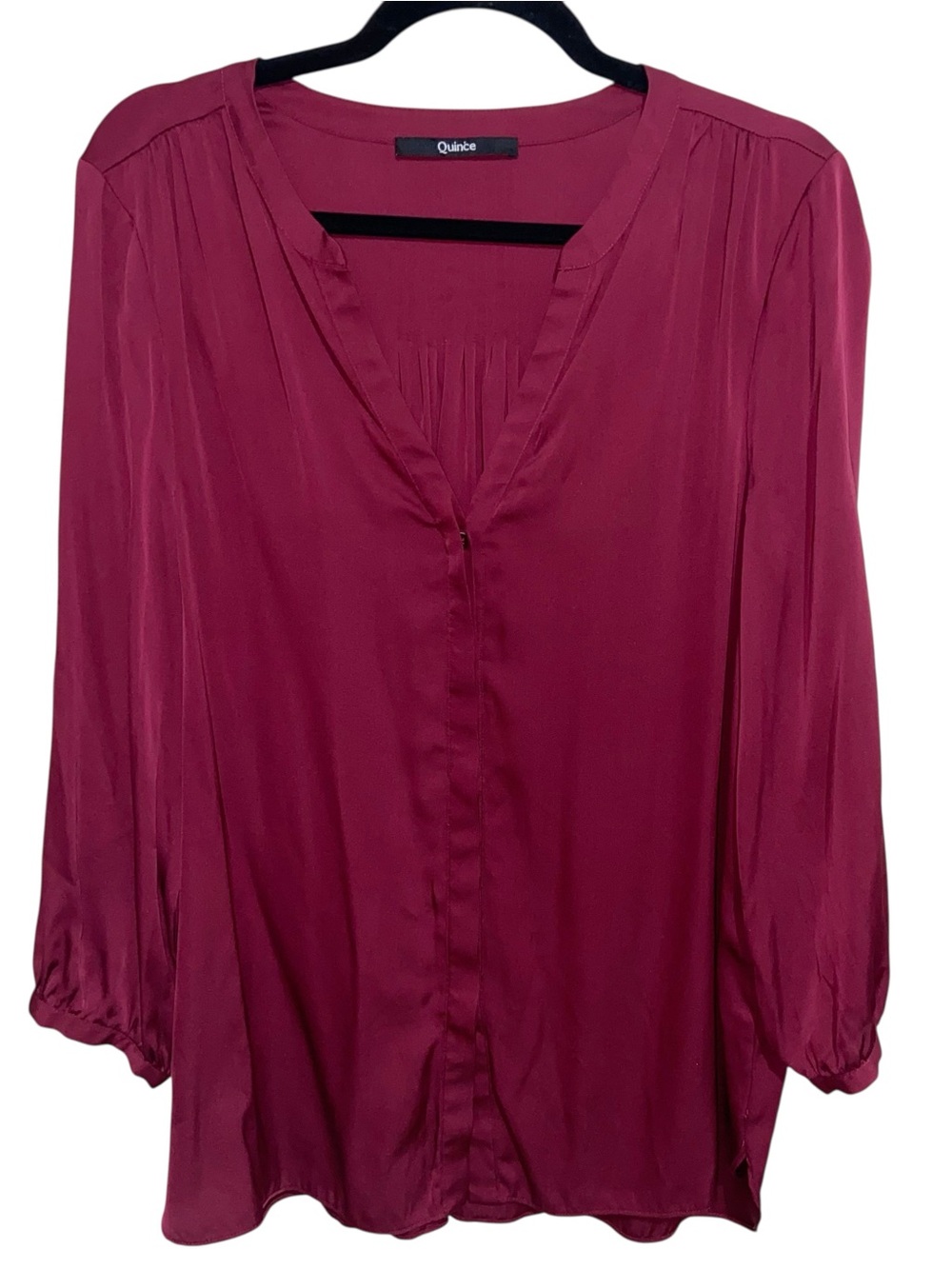Quince Top Womens Large Silk Satin V-Neck Blouse Pleated Shirt Burgundy